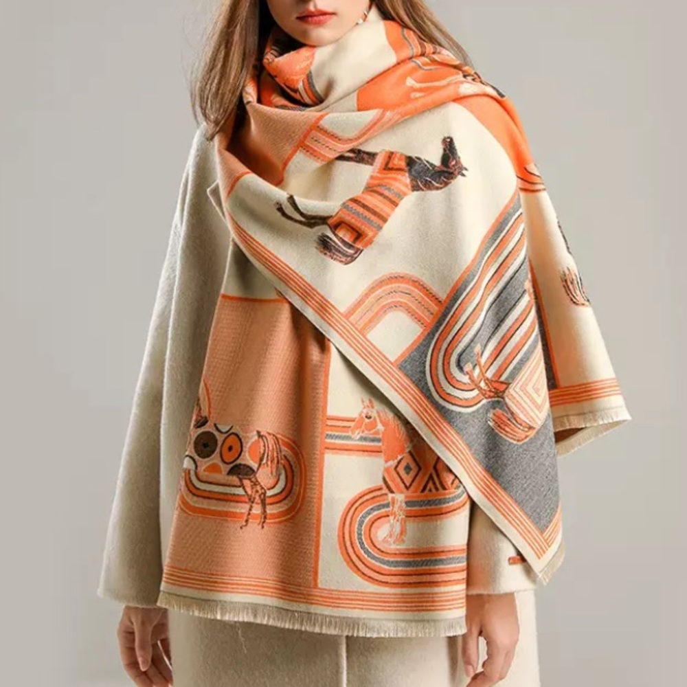New Soft Cashmere Cozy Western Horse Scarf Shawl Pashmina Wrap wFringe Detail - Picture 1 of 5